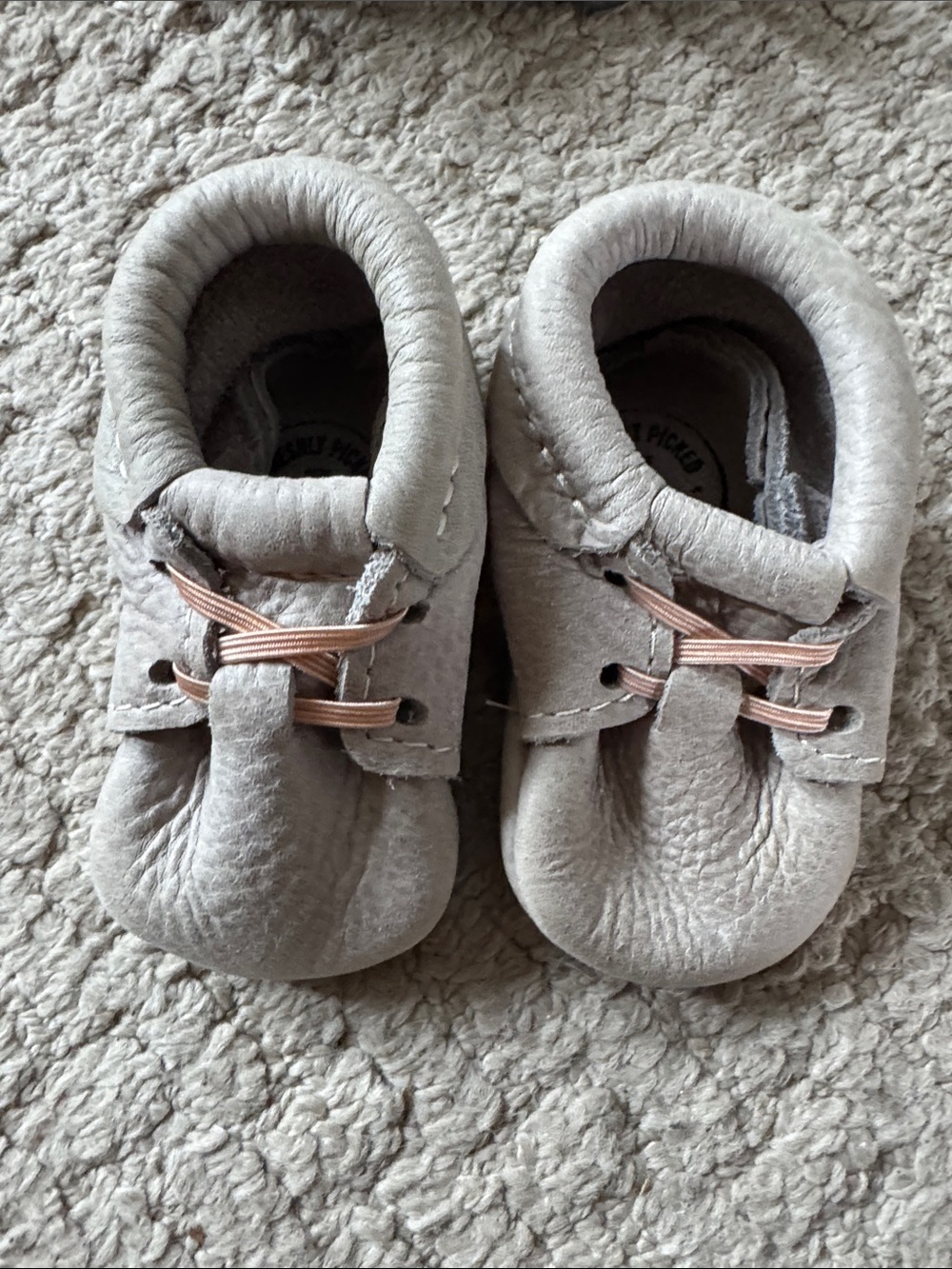 Freshly Picked Light Gray Baby Moccasins with Pinkish Tan Laces